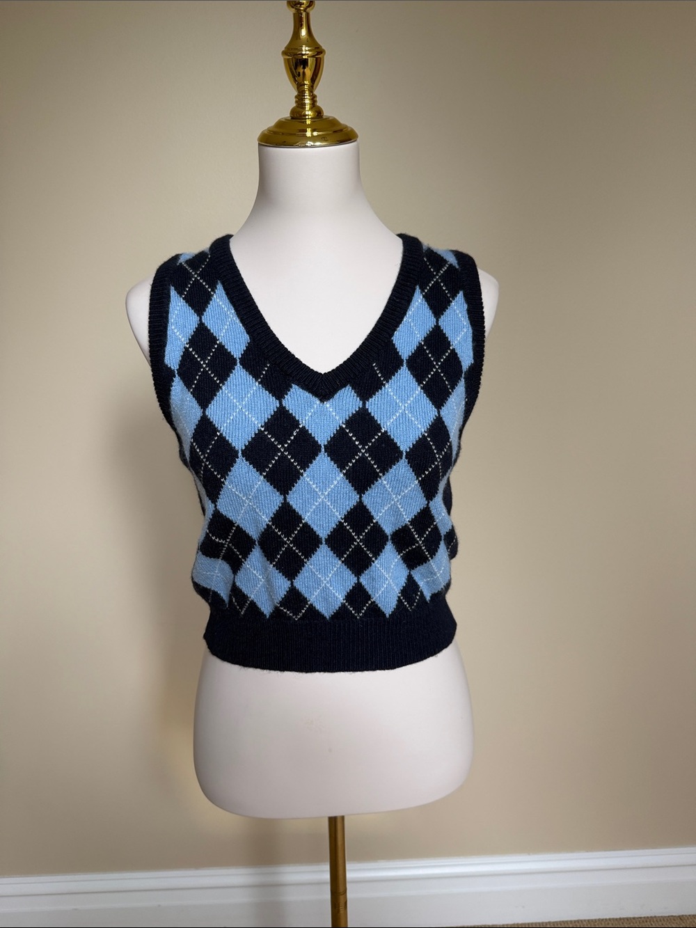 Brandy Melville Navy Blue Argyle Wool Cropped Cashmere Sweater Vest Italy